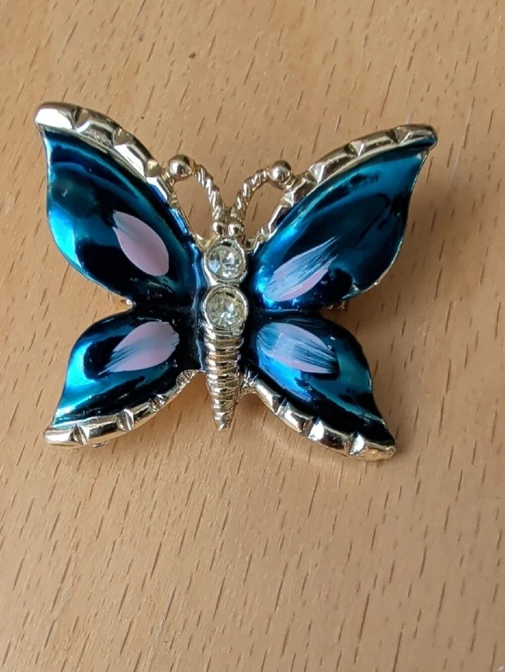 Blue Enamel Butterfly Brooch with Pink Accents